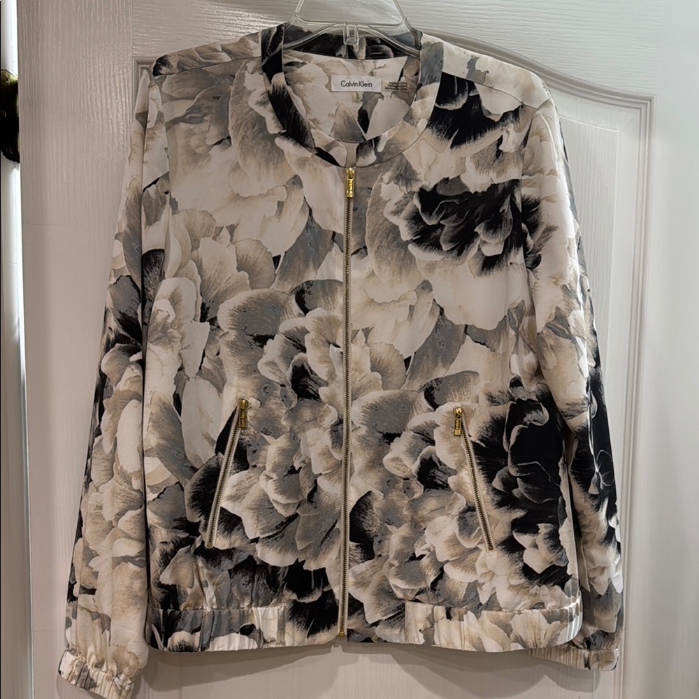 Calvin Klein size Large Black and White Bomber Jacket with Abstract Print